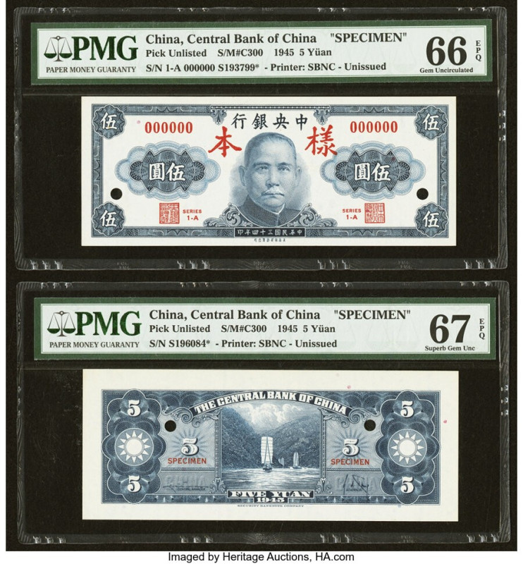 China Bank of China 5 Yuan 1945 Pick UNL Front and Back Specimen PMG Gem Uncircu...