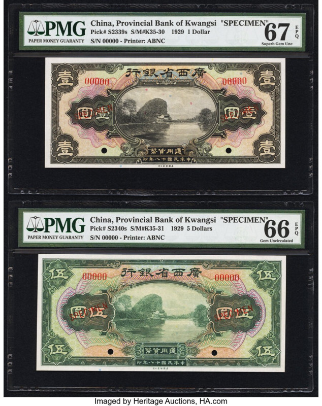 China Provincial Bank of Kwangsi 1; 5 Dollars 1929 Pick S2339s; S2340s Two Speci...