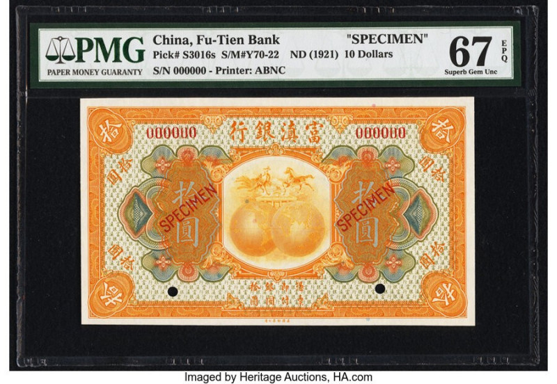 China Fu-Tien Bank 10 Dollars ND (1921) Pick S3016s Specimen PMG Superb Gem Unc ...