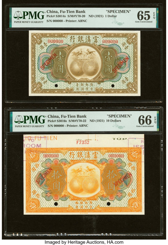 China Fu-Tien Bank 1; 10 Dollars ND (1921) Pick S3014s; S3016s Two Specimen PMG ...