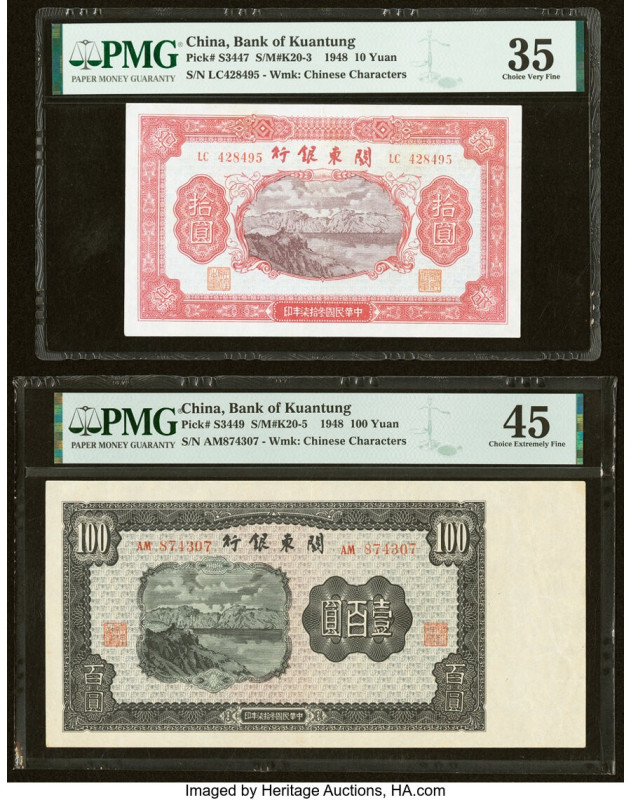 China Bank of Kuantung 10; 100 Yuan 1948 Pick S3447; S3449 Two Examples PMG Choi...