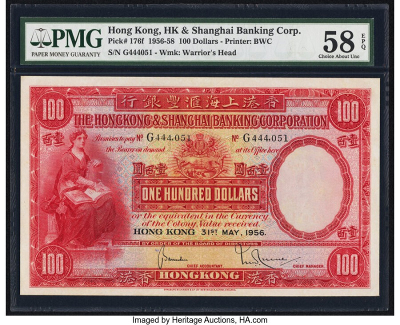 Hong Kong Hongkong & Shanghai Banking Corp. 100 Dollars 31.5.1956 Pick 176f PMG ...