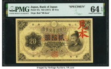Japan Bank of Japan 20 Yen ND (1917) Pick 37s Specimen PMG Choice Uncirculated 64 EPQ. Outstanding and original paper is clearly seen on this rare Spe...