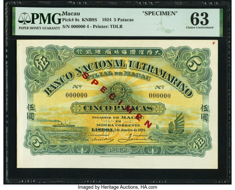 Macau Banco Nacional Ultramarino 5 Patacas 1.1.1924 Pick 8s KNB9S Specimen PMG C...