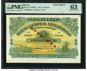 Macau Banco Nacional Ultramarino 5 Patacas 1.1.1924 Pick 8s KNB9S Specimen PMG Choice Uncirculated 63. A scarce, large format denomination exhibiting ...