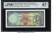Macau Banco Nacional Ultramarino 50 Patacas 20.11.1958 Pick 47a KNB44a PMG Superb Gem Unc 67 EPQ. This interesting middle denomination from the former...