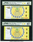 Malaysia Bank Negara 60 Ringgit 2017 Pick 57 KNB84 Commemorative Two Examples PMG Superb Gem Unc 67 EPQ (2). Bright yellow colors and beautiful design...