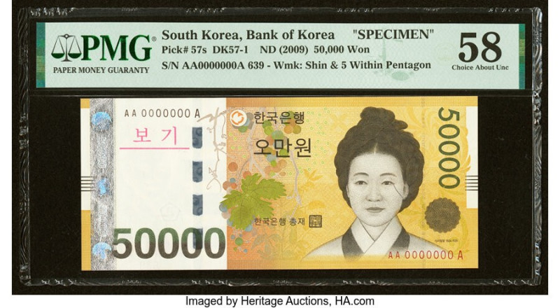 South Korea Bank of Korea 50,000 Won ND (2009) Pick 57s Specimen PMG Choice Abou...