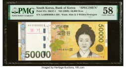 South Korea Bank of Korea 50,000 Won ND (2009) Pick 57s Specimen PMG Choice About Unc 58. A scarce Specimen dominated by a portrait of Shin Saim-dang ...
