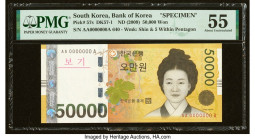 South Korea Bank of Korea 50,000 Won ND (2009) Pick 57s Specimen PMG About Uncirculated 55. A scarce Specimen graced by a lovely portrait of Shin Saim...