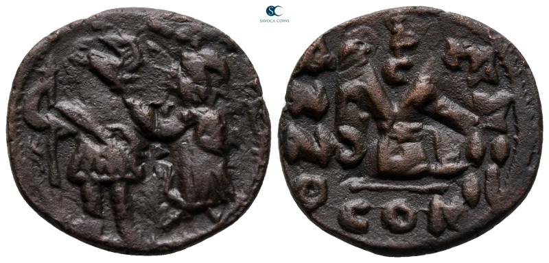 Heraclius with Heraclius Constantine AD 610-641. Constantinople
Follis or 40 Nu...