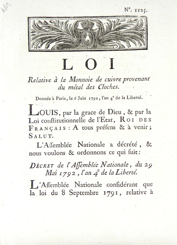 France. LOI RELATIVE À LA MONNOIE DE CUIVRE PROVENANT DU MÉTAL DES CLOCHES. No. ...