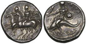 Italy, Calabria, Tarentum, stater, c. 280-272 BC, the Dioscuri riding left, rev., Taras on dolphin riding left over waves, 6.22g (Vlasto 774; HN Italy...