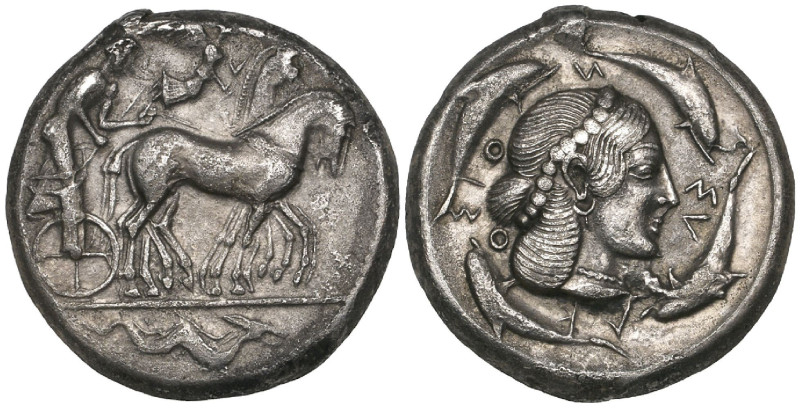 Sicily, Syracuse, tetradrachm, c. 474-450 BC, quadriga driven right with Nike fl...