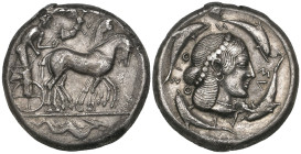Sicily, Syracuse, tetradrachm, c. 474-450 BC, quadriga driven right with Nike flying above; in ex., ketos, rev., pearl-diademed head of Arethusa right...
