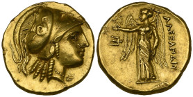 Kings of Macedon, Alexander III, the Great (336-323 BC), gold stater, Amphipolis, c. 330-320 BC, helmeted head of Athena right, rev., Nike standing le...