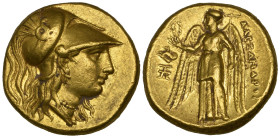 Kings of Macedon, Alexander III, the Great (336-323 BC), gold stater, Abydos (?), c. 328-323 BC, helmeted head of Athena right, rev., Nike standing le...