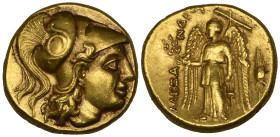 Kings of Macedon, Alexander III, the Great (336-323 BC), gold stater, Miletos, c. 323-319 BC, helmeted head of Athena right, rev., Nike standing left ...