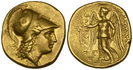 Kings of Macedon, Alexander III, the Great (336-323 BC), gold stater, Tarsus, c. 323-317 BC, helmeted head of Athena right, rev., Nike standing left h...