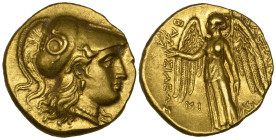 Kings of Macedon, Alexander III, the Great (336-323 BC), gold stater, Babylon, c. 311-305 BC, helmeted head of Athena right, rev., Nike standing left ...