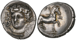 Thessaly, Larissa, didrachm, c. 350 BC, head of nymph Larissa facing three-quarters left, her hair in ampyx and floating freely around head, wearing e...