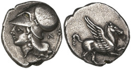 Acarnania, Leukas, stater, c. 300 BC, Pegasus flying right, rev., helmeted head of Athena left; to right, Λ and caduceus, 8.22g (BMC 56; SNG Copenhage...
