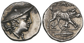 Aitolia, Aitolian Leage, triobol, c. 205-150 BC, head of Aitolia in kausia right, rev., the Kalydonian boar right, 2.41g (BCD 498), good very fine Ex ...