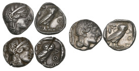 Attica, Athens, tetradrachms (3), c. 440-404 BC, helmeted head of Athena right, rev., owl standing right with head facing; olive spray and crescent be...