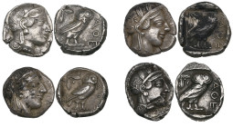 Attica, Athens, tetradrachms (4), c. 440-404 BC, helmeted head of Athena right, rev., owl standing right with head facing; olive spray and crescent be...