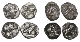 Attica, Athens, tetradrachms (4), 4th century BC, helmeted head of Athena right, rev., owl standing right with head facing; olive spray and crescent b...