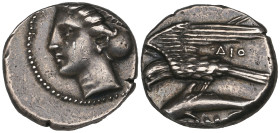 Paphlagonia, Sinope, drachm, c. 410-350 BC, head of nymph left, rev., sea-eagle on dolphin left; ΔΙΟ below wings, 6.00g (SNG BM 1397), obverse off cen...