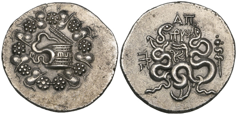 Mysia, Pergamum, cistophorus, c. 76 BC, cista mystica from which serpent emerges...