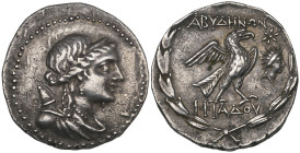 Troas, Abydos, tetradrachm, c. 80-70 BC, bust of Artemis right, bow and quiver at shoulder, rev., ΑΒΥΔΗΝΩΝ, eagle standing right; star and head of Hel...
