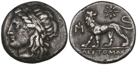 Ionia, Miletos, didrachm, c. 294-281 BC, laureate head of Apollo left, rev., lion walking left with head turned back; star above; magistrate ΚΛΕΙΔΟΜΑΧ...