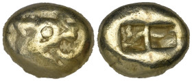 Lydia, Alyattes to Kroisos, electrum trite, c. 610-545 BC, lion’s head with protuberance on nose, rev., two punch marks, 4.73g (cf. Weidauer 89), bank...