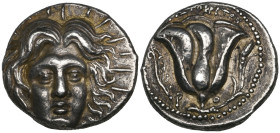 Rhodes, tetradrachm, c. 230-205 BC, radiate head of Helios facing three-quarters right, rev., Ρ - Ο, rose, with magistrate's name ΑΡΙΣΤΟΚΡΙΤΟΣ above a...