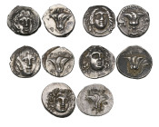 Rhodes, drachm, c. 205-190 BC, facing head of Helios, rev., rose; on left, butterfly; magistrate Ainetor, 2.54g (BMC 153); together with Rhodian type ...
