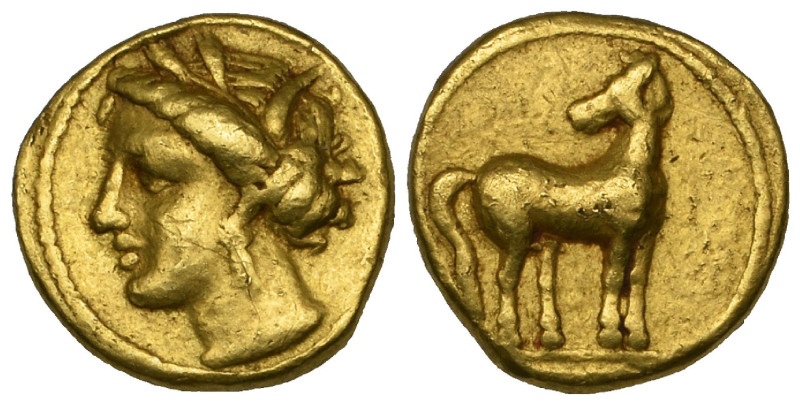 Zeugitana, Carthage, gold fifth stater, 350-320 BC, head of Tanit left, rev., ho...