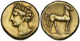 Zeugitana, Carthage, electrum stater, c. 300 BC, wreathed head of Tanit left, rev., horse standing right, 7.59g (Jenkins & Lewis 257-8), edge marks (e...