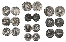 Greek silver fractions: hemidrachms of Trikka, Phokis, Thebes, Argos and Sikyon; tetrobols of Histiaia (2); and drachms (2) attributed to Eretria in E...