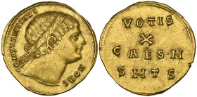 Constantine II as Caesar, gold medallion of 2 solidi, Thessalonica, 327, CONSTANTINVS NOB C, diademed head right, gazing upwards, rev., VOTIS / X /CAE...