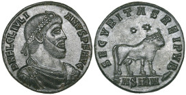 Julian II, the Apostate (361-363), double maiorina, Sirmium, 362-3, diademed, draped and cuirassed bust right, rev., SECVRITAS REIPVB, bull standing r...
