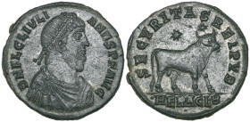 Julian II, the Apostate (361-363), double maiorina, Heraclea, 362-3, diademed, draped and cuirassed bust right, rev., SECVRITAS REIPVB, bull standing ...