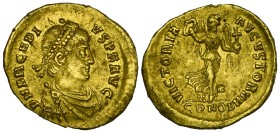 Arcadius (383-408), tremissis, Constantinople, 388-393, diademed, draped and cuirassed bust right, rev., VICTORIA AVGVSTORVM, Victory advancing right ...