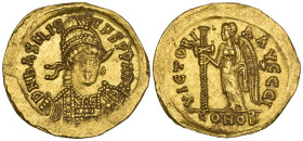 Basiliscus (475-476), solidus, Constantinople, D N bASILIS-CUS PP AVG, helmeted bust, facing with spear and shield, rev., VICTORI-A AVGGG I, Victory s...