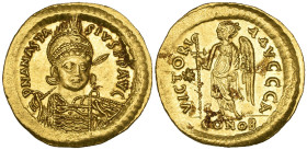 Anastasius I (491-518), solidus, Constantinople, 507-518, facing bust, rev., Victory standing left holding inverted Christogram-topped staff; officina...