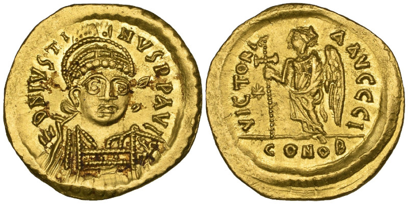Justin I (518-527), solidus, Constantinople, 518-522, facing bust, rev., Victory...