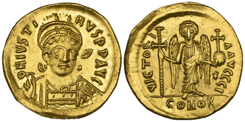 Justin I (518-527), solidus, Constantinople, 522-527, facing bust, rev., angel s...