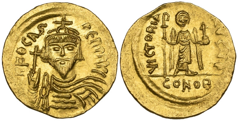 Phocas (602-610), solidus, Constantinople, 607-609, facing bust holding globus c...