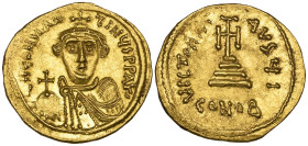 Constans II (641-668), solidus, Constantinople, facing bust holding globus cruciger, rev., cross potent on three steps; officina I; in ex., CONOB, 4,4...